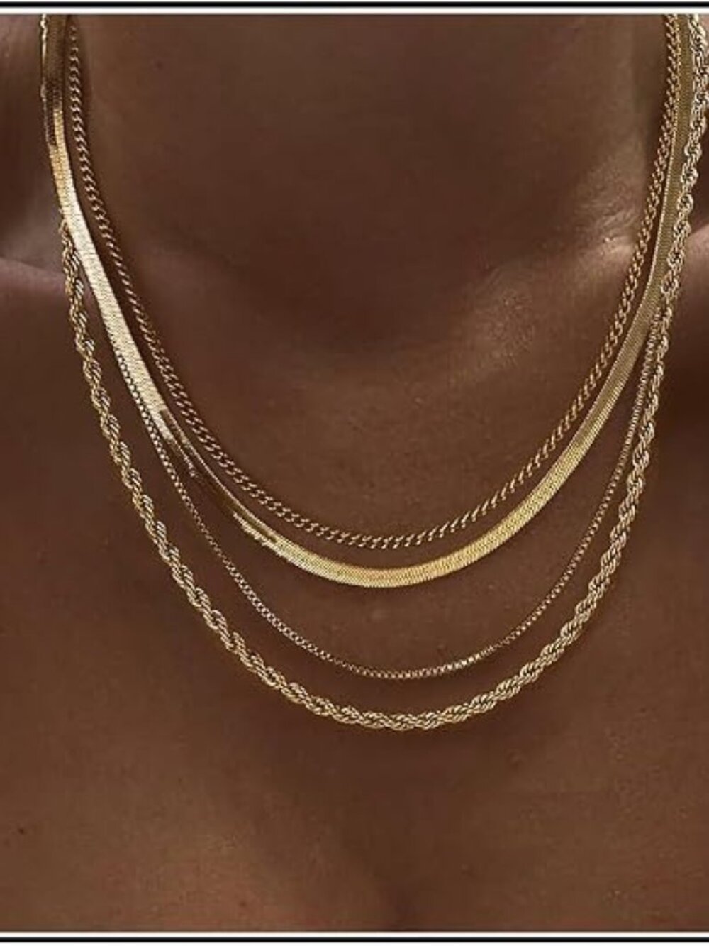 Tewiky 14K Gold Plated Layered Necklace Set Herringbone Snake Rope Cuban Choker